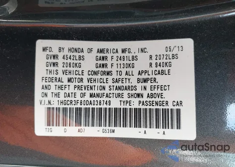 2013 Honda Accord Ex-L V-6 из США, поврежденный, VIN 1HGCR3F80DA038749